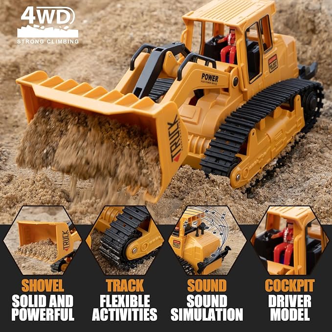 Kids-Play-Construction Bulldozer Rechargeable Engineering-Vehicle - Remote Control Bulldozer with Realistic bulldozing Shovel and Light Perfect Christmas Birthday Gift for Kids Girls Boys Ages 6-12+