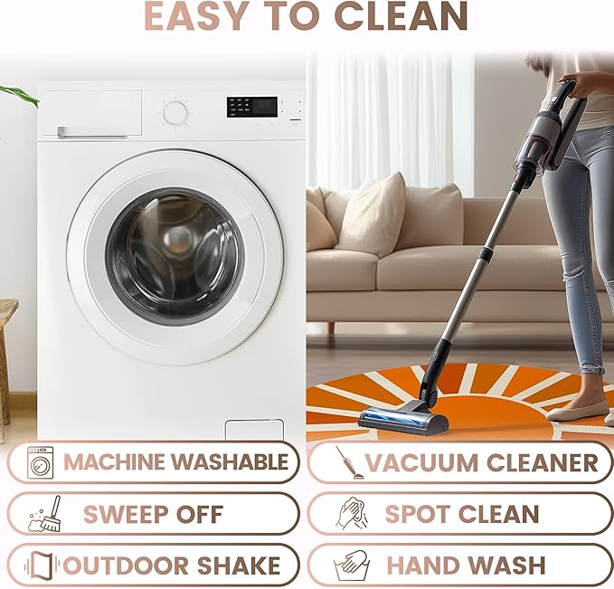 Washable 4Ft Round Sun Area Rug for Living Room, Brown Sun Modern Abstract Boho Circle Rugs, Ultra Thin Low Pile Lightweight Indoor Carpet Mat with Non-Slip Backing for Bedroom Kids Nursery Play Room