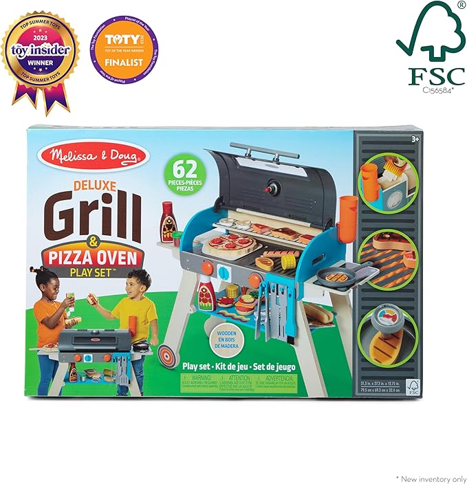 Melissa & Doug Wooden Deluxe Barbecue Grill, Smoker and Pizza Oven Play Food Toy for Pretend Play Cooking for Kids - FSC Certified