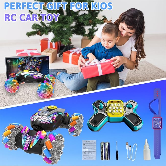 Gesture Sensing RC Stunt Car, 2.4G Remote Control Car Toys for Boys Ages 4-7 8-12, 4WD RC Drift Cars with Lights Music Spray, 360° Spins All Terrains Kids Toy Birthday Gift for 3-12 Year Old Kids