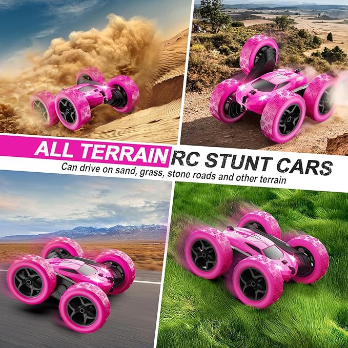 RC Cars, Rose Remote Control Car for Girls, 2.4 GHZ Double Sided RC Stunt Car 360° Rotating Remote Control Crawler with Headlights Car Toys for 6 7 8 9 10 11 12 Girls Birthday Gift
