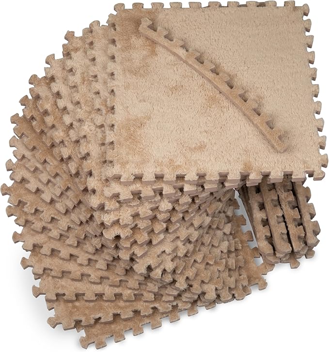 16 Piece Carpet Squares Puzzle Mat 49" x 49" Plush Interlocking Carpet Tiles, Foam Floor Tiles for Baby Play Mat - Kids Soft Play Floor Mats, Anti Slip Jigsaw Flooring Playmat Playroom Rug (Brown)