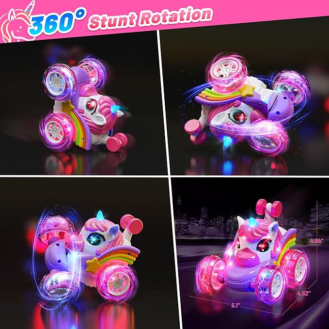 Carsky Remote Control Car RC Stunt Cars for Girl 360°Stunt Rotation 4WD Remote Cars for Kids 3-6 Double Sided RC Car with LED Lights,2.4GHz Electric Toy Car,Birthday Gift for 3 4 5 6 Year Old Girl