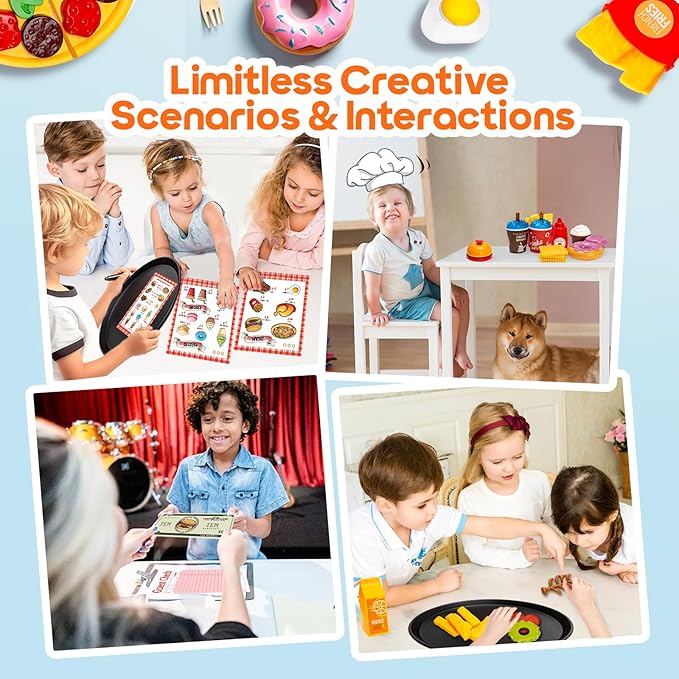 Restaurant Server Play Toys Set for Boys Girls Age 3-8, Role Play Set with Unisex Server Dress-Up Costume, Play Food, Play Money, Menu for Kids Play Kitchen, Restaurant,Xmas Stocking Stuffers for Kids