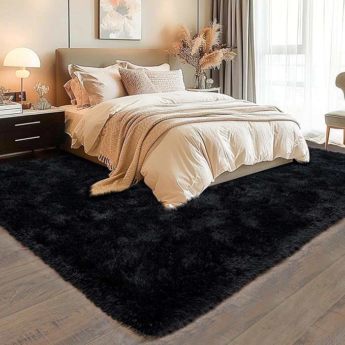6x9 Super Fluffy Rug for Bedroom, Modern Shag Black Area Rugs, Soft and Cozy Plush Large Carpet for Kids, Girls Boys and Teens Decorations for Living Room Dorm Nursery Classroom