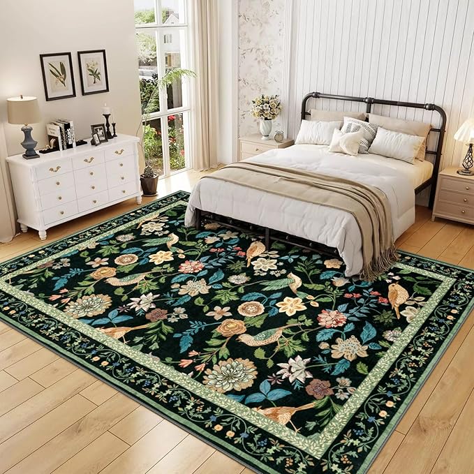 Floral Washable 8x10 Area Rugs for Living Room, Boho Birds Black/Green Large Bedroom Rug Soft Non-Slip Vintage Dining Room Rug, Low Pile Botanical Floor Carpet for Kids Room Classroom