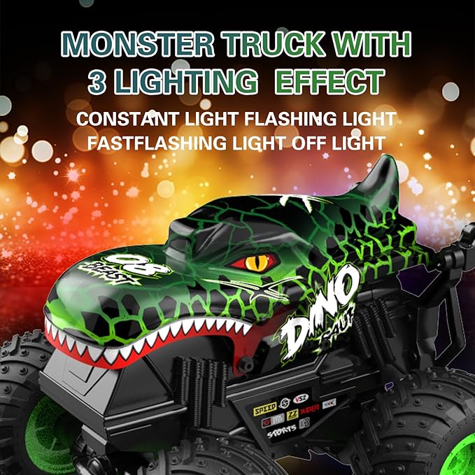 Jumping Monster Truck Toy, 2.4GHz Remote Monster Trucks for Boys 4-6, Dinosaur Monster RC Truck, 2 Rechargeable Batteries, 3 Lighting and Music, Rotate 360 °, Drift, Blue Remote Control Car