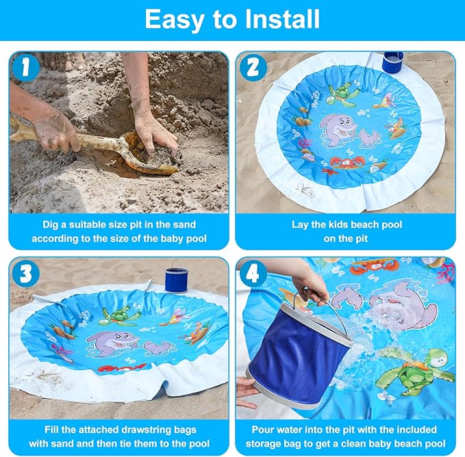 7.2 X 7.2 Feet Baby Beach Pool，Kiddie Pool and Beach Blanket，2 in 1 Toddler Paddling Pool，Beach Toys for Infant Kids Boys and Girls with Portable Water Bag 9L