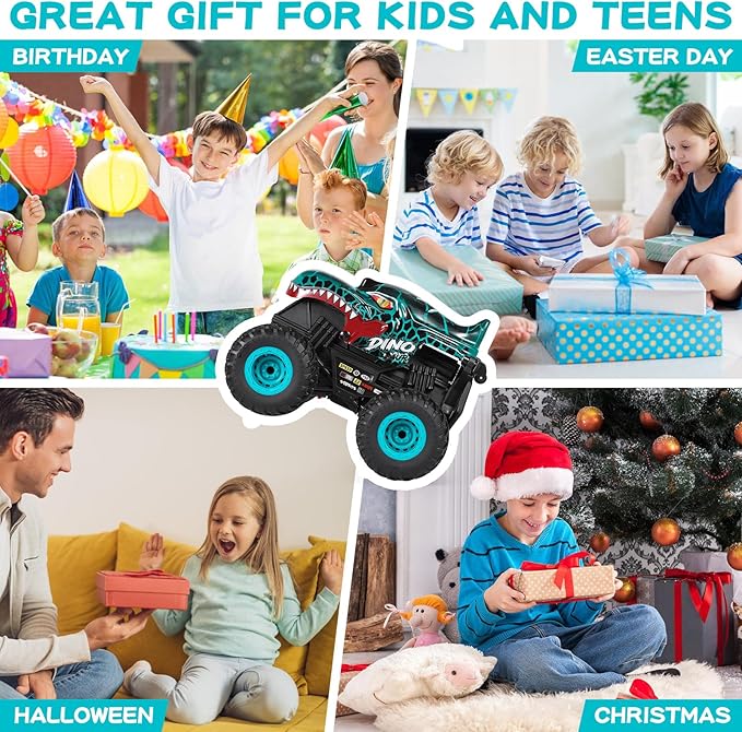Remote Control Car, 2.4Ghz All Terrain Dinosaur Monster Truck Toys, RC Truck with Music, 3 Lighting Effects, 360 Stunt Capable, All Included Ready to Run, Toy Gifts for Boys and Girls (Cyan)