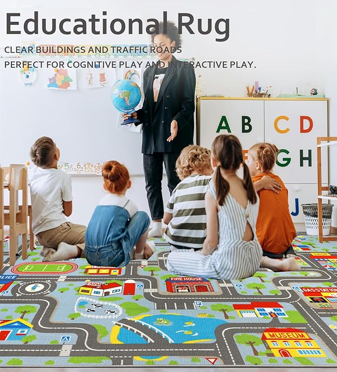 Educational Road Traffic Carpet Kids Carpet Playmat Car Rug Fun City Life Map Kids Car Rug Non Slip Play Carpet for Children Playroom Bedroom Classroom Decor (Sky Blue, 6'6''x9'8'')