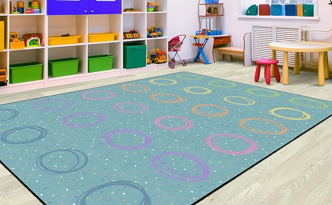 Flagship Carpets Smiley Circle Sampler Abstract Educational Area Rug for Kids Room Seating Décor, Children's Classroom, Play Carpet for Teaching and Playroom, Seats 24, 7'6"x12', Blue & Multi