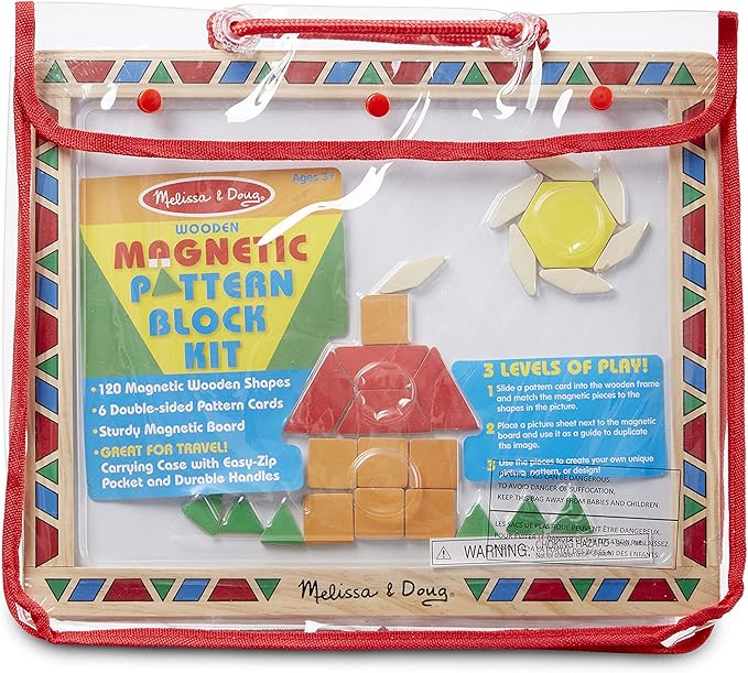 Melissa & Doug Deluxe Wooden Magnetic Pattern Blocks Set - Educational Toy With 120 Magnets and Carrying Case, Multi-color, 1 EA