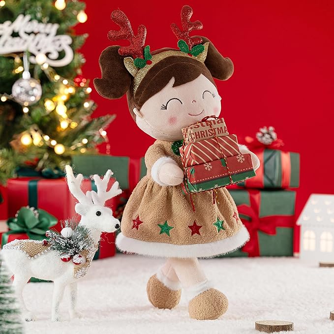 Gloveleya Christmas Reindeer Girl Doll – Soft Plush Doll with Gift Box and Card, for Girls 2-8 Ages, 16-inch