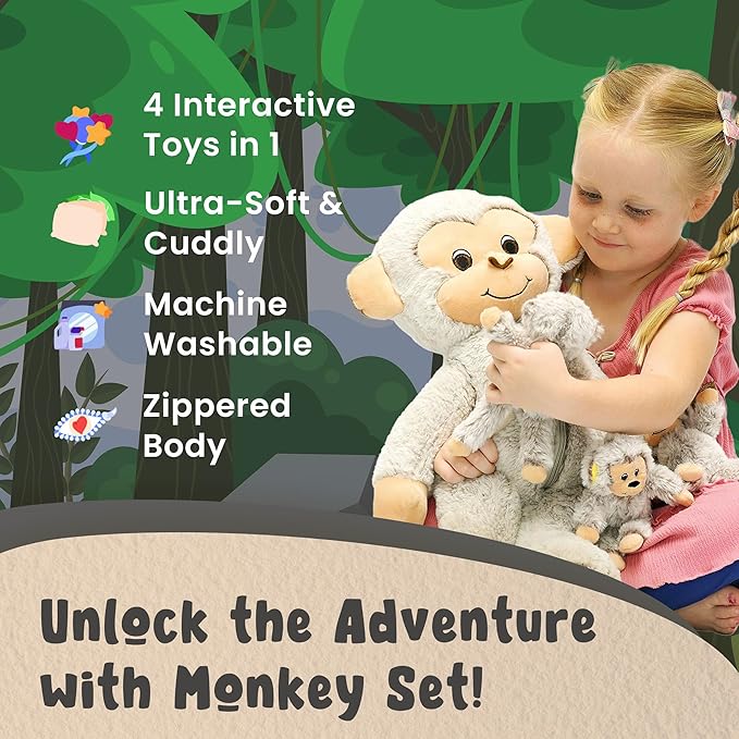 DreamsBe Monkey Stuffed Animal with 3 Baby Monkeys for Boys & Girls - Plush Stuffie with Zippered Pocket for Babies - Monkey Gift for Kids Ages 3 4 5 6 7 8 9 Years