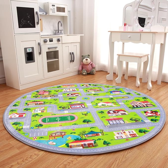 Round Rug 4x4 ft Kids Round Play Carpet City Traffic Road Kids Rug Low Pile Non Slip Fun Carpet for Kids Baby Learning Exercise Mat Educational Car Rug for Toddler Boy Bedroom Playroom Grey