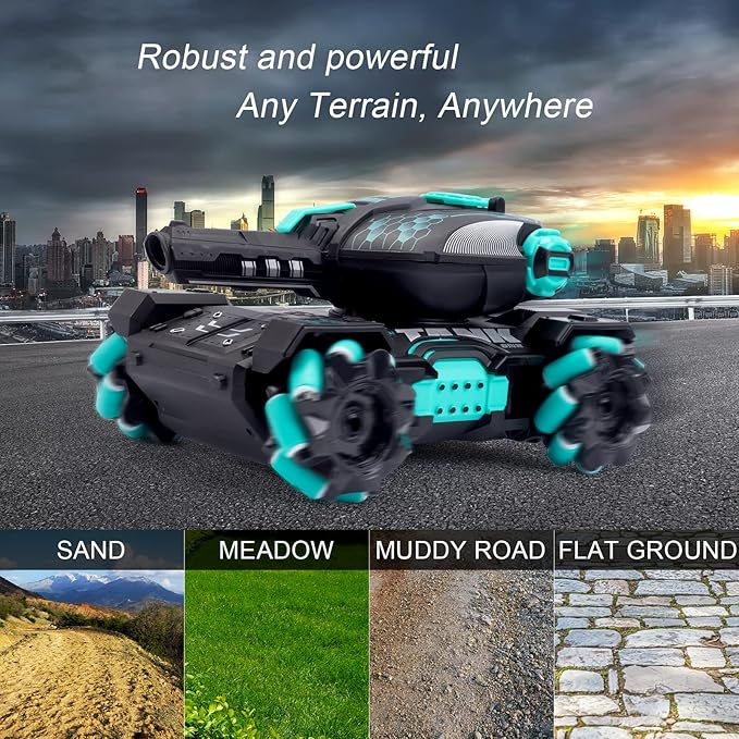 RC Stunt Tank with Light, Watch Gesture Sensor RC Tank Toy, 360 Rotation Remote Control Stunt Car Shooting Water Bullets, Gifts for Children (Black and Cyan)