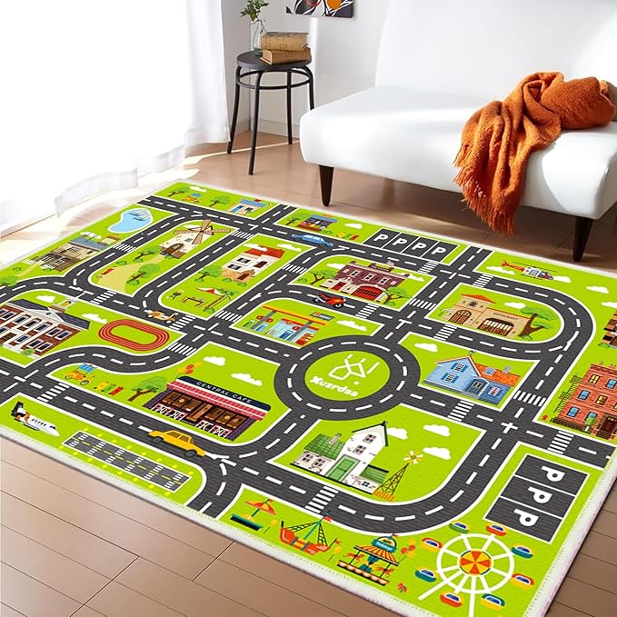 Kids Carpet Car Tack Rug Great for Kids Enjoy City Life- Play Learn Safely and Non Slip- Children Educational Road Rug Traffic Play Mat for Nursery Playroom Classroom（Greem02, 7'10" x 5'3"