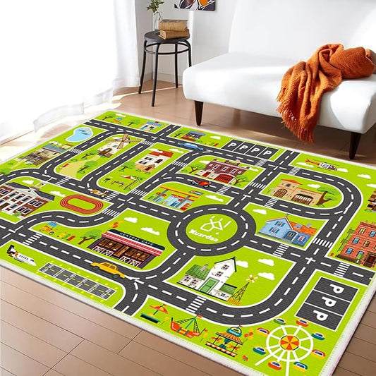 Kids Carpet Car Tack Rug Great for Kids Enjoy City Life- Play Learn Safely and Non Slip- Children Educational Road Rug Traffic Play Mat for Nursery Playroom Classroom（Greem02, 7'10" x 5'3"