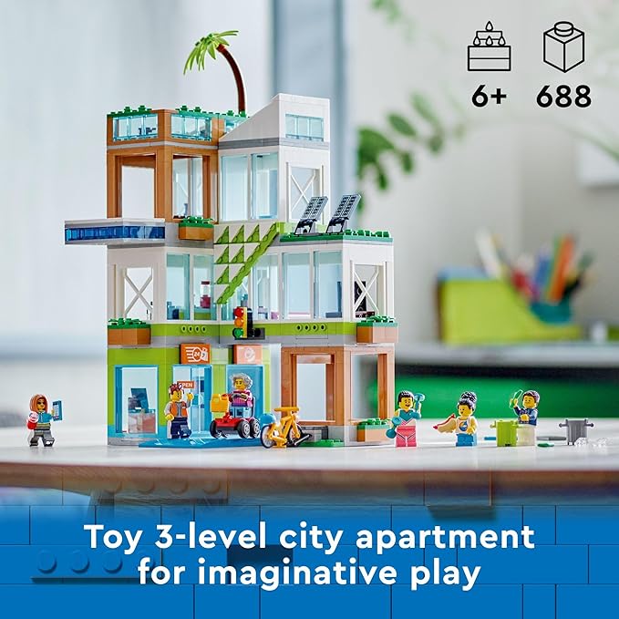LEGO My City Apartment Building 60365 Toy Set with Connecting Three Floor Room Modules, Includes a Mobility Scooter, Bike and 6 Minifigures for Imaginative Role Play, Fun Gift Idea for Kids