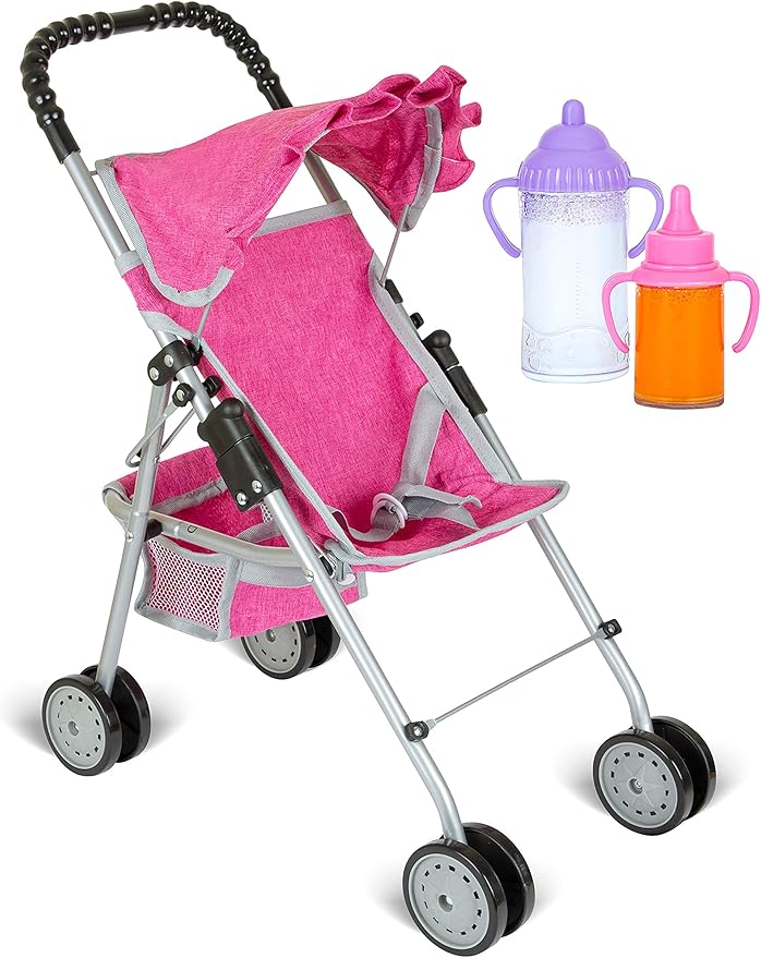 fash n kolor Doll Stroller with Basket, My First Denim Pink Foldable Baby Doll Umbrella Doll Stroller Fits Upto 18" Dolls, Gift Toys for Girls,Baby Doll Accessories Include 2 Free Magic Bottles