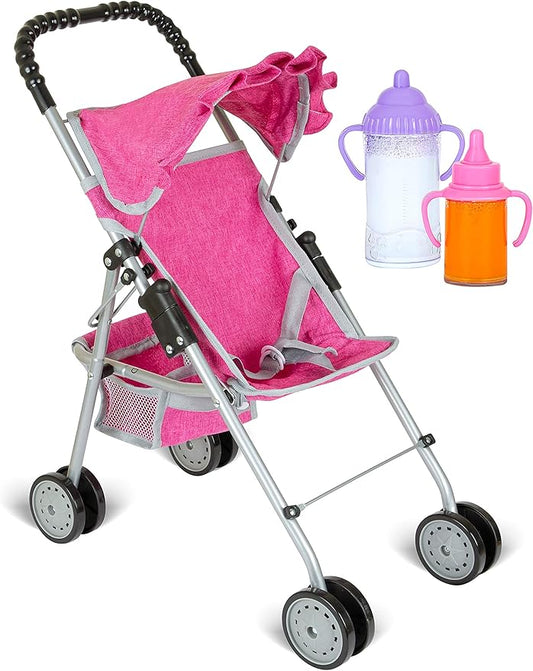 fash n kolor Doll Stroller with Basket, My First Denim Pink Foldable Baby Doll Umbrella Doll Stroller Fits Upto 18" Dolls, Gift Toys for Girls,Baby Doll Accessories Include 2 Free Magic Bottles