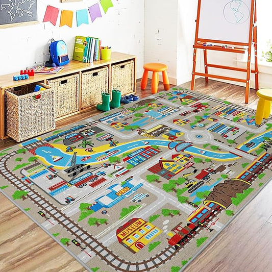 Capslpad Kids Rug 6'6" x 5'0" Educational Learning Kids Play Area Rug Large Traffic Road Cars Play Mat for Kid Toy Nursery Rug Kid Car Carpet for Playroom Living Room Classroom Decor, Tan