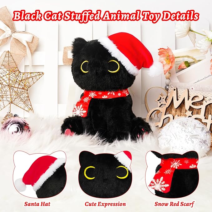 Black Cat Plush, 9In Christmas Plush Black Cat Stuffed Animals Toy for Kids, Cute Stuffed Cat Plushies Toy for Girls Boys, Kawaii Kitten for Boys and Girls