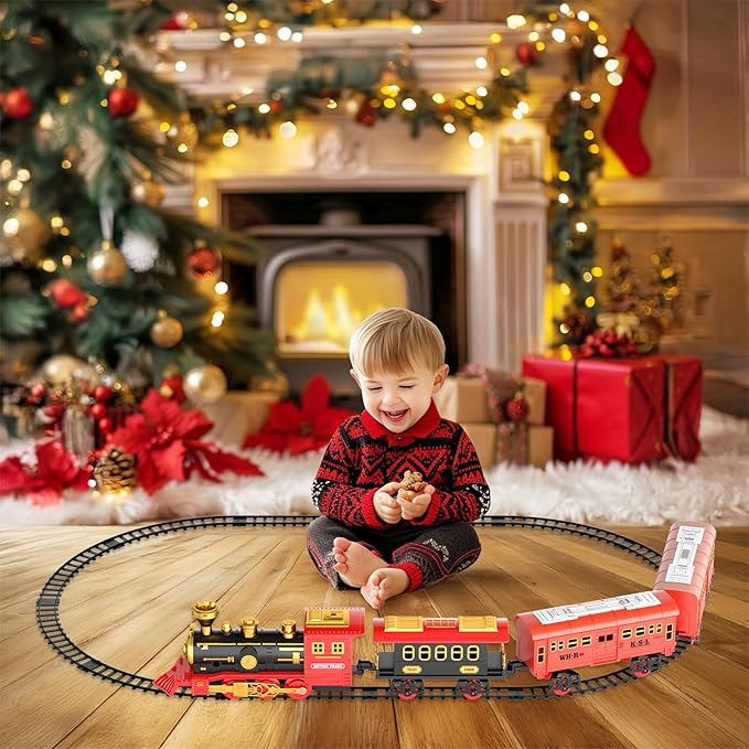 Christmas Train Set with Smoke, Lights, and Sound - Ideal Gift for Toddlers and Kids Ages 2-8, Classic Electric Train Set for Under The Tree, Holiday Decoration for Boys & Girls