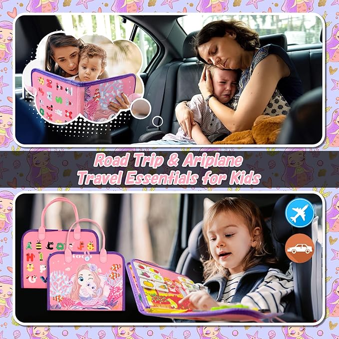 iooo Toddler Busy Board Montessori Toys for 1 2 3 4 Year Old, Sensory Board with Buckles Educational Activities for Learning Fine Motor Skills, Gifts Toy for Girls Boys for Airplane Car (Pink-3)