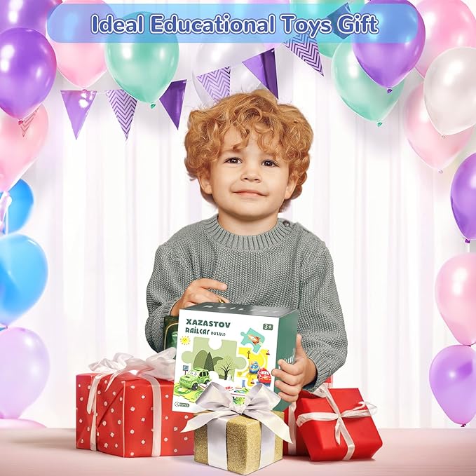 Plastic Floor Puzzles for Kids with Airplane Toy Car, Puzzle Track Car Play Set, Educational Toys for 2 3 4 5 6 Year Old Boys, 2 3 4 5 6 Year Old Boy Birthday Gift, Kids Toys Boys 3-5