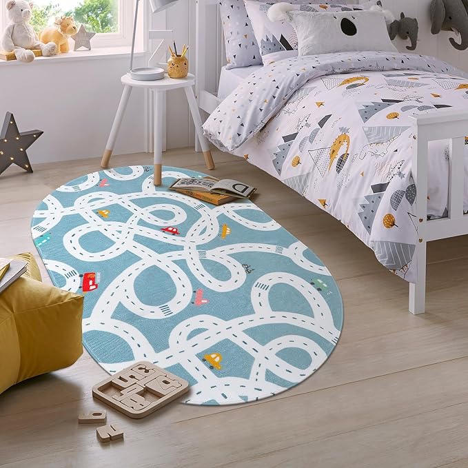 LIVEBOX Blue 3'x5' Non-Slip Kids Play Rug, Machine Washable Road Mat for Playroom, Toy Room Carpet with Cartoon Design for Boys and Girls