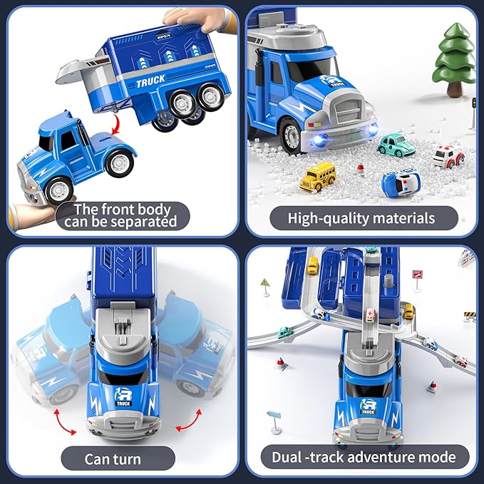 2 in1 Carrier Toy Trucks for Kids 3 4 5 6 Years Old - Vehicle Toys with 8 City Cars, Transport Race Tracks with Light and Music, Educational Car Games Gift for Toddler Ages 2-4 3-5 4-6 (Blue)
