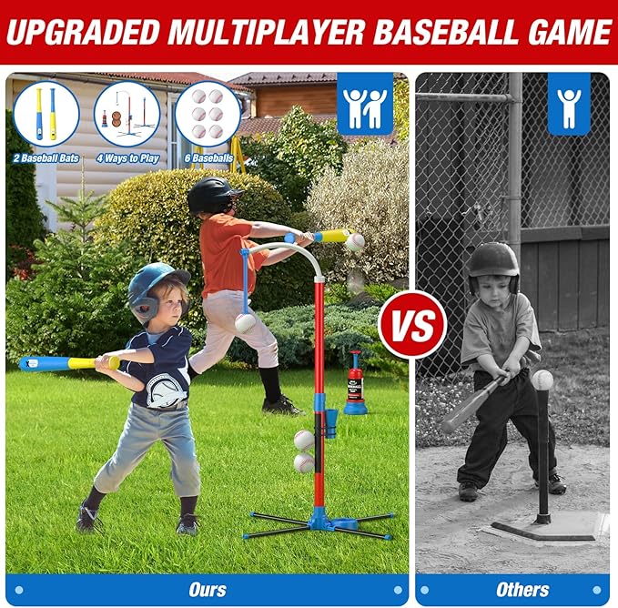 QDRAGON 4 in 1 Tball Set for Toddlers 3-5 with Toss and Catch Ball Set/ 2 Bats, Hanging Tee Ball Stand with Auto Pitching Machine, Indoor Outdoor Sport Toys Christmas Birthday Gifts for Boys Girls