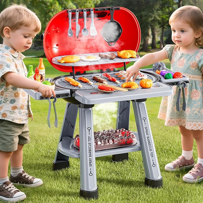Kids Kitchen Toy Set, Kids BBQ Grill Kitchen Playset with Smoke, Sound & Light, 2-Layer Barbecue Indoor Outdoor Play Grill Toy Gift for Toddler Girl Boy Toy 3 4 5 6 7 8 Year Old