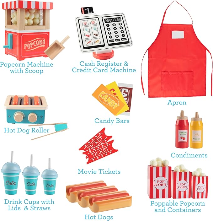 Movie Theatre Snack Bar Wooden Playset - Pretend Concession Stand Fun- Full Set w Popcorn Machine Hot Dogs Candy Bars Sodas Cash Register Credit Card- Kids Play Food Activity Center for Daycare & More
