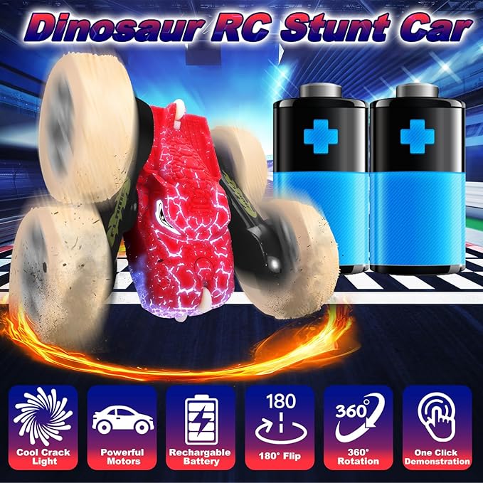 Remote Control Car 2.4GHZ All Terrain RC Monster Cars for Boys Girls Age 4-7 Double Sided 360° Rotation RC Stunt Cars with Light Dinosaur Toys for Kids 5-7 Chrismas Birthday Gifts