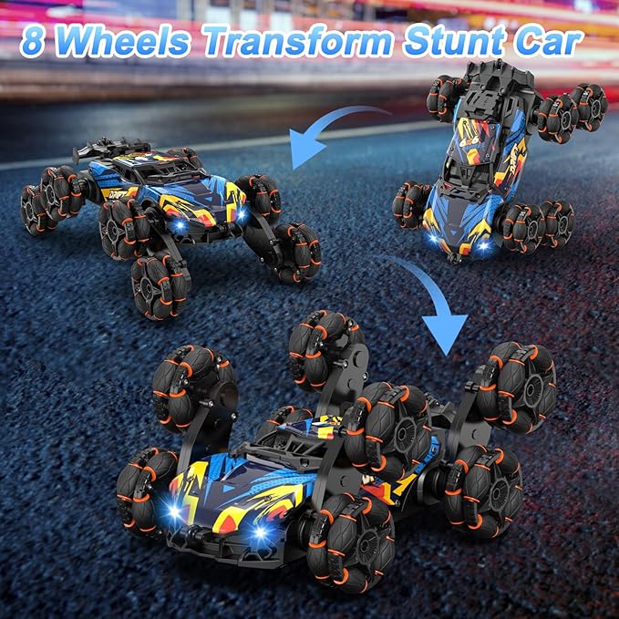 Scientoy Remote Control Car, 2.4Ghz RC Stunt Car Toys for Boys Girls Ages 6-8-10 with Lights Music Spray, 8 Wheels All Terrain RC Drift Car Toys for Ages 8-13 Birthday Gift with 2 Batteries