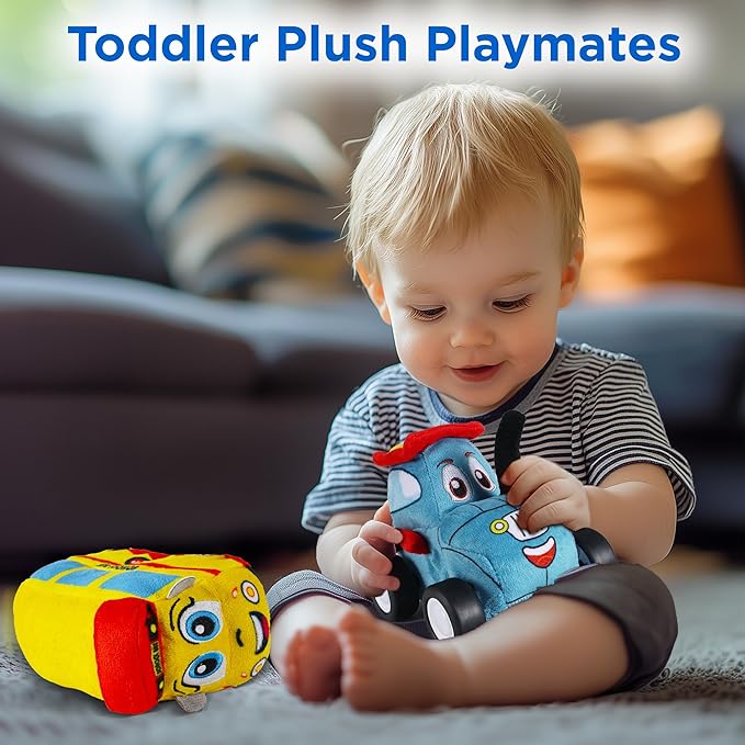 iPlay, iLearn Toddler Soft Car Toy 1-3, Baby Remote Control School Bus Tractor Truck Toy 2 Year Old Boy, 2-IN-1 RC Plush Vehicle Play Set, Infant First Birthday Gift 18 24 Month 2 3 4 5 Year Girl Kids