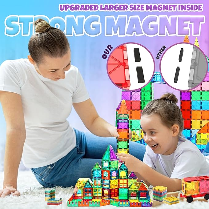 Magnetic Building Tiles for Kids, 100 Pcs Magnetic Building Blocks Set with 2 Cars, Construction Magna Tiles, STEM Sensory Stacking Educational Toys Gifts 3+ Girls and Boys