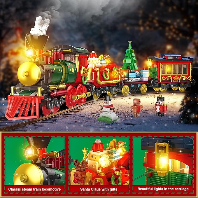 Christmas Train Building Blocks for Kids, Christmas Train 2024 Collectible Holiday Building Block Home Decor with Light, Tabletop for Boys, Girls and Adults, 1588Pcs