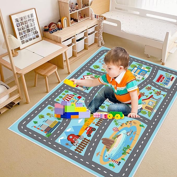 Kids Rug Car Rugs Play mat Carpet for Kids Toy Cars for Playroom Classroom Kids Room, Educational Area Rugs with Non-Slip Road Traffic Floor Rug Mats, Ideal Gift for Nursery Children Boy Girl 4x6ft