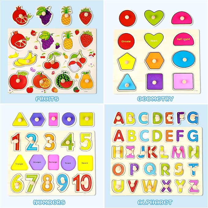 Chivao 8 Set Wooden Peg Puzzles for Toddlers 2-4 Years Alphabet Number Animal Vehicles Puzzles Board for Kids Educational Learning Toys for Children Babies Boys Girls(Lovely)
