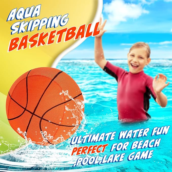 4Pcs Water Skipping Balls for Pool Play(Basketball Theme), Water Pool Beach Swim Toys for Kids Ages 4-8, 8-12 and Adults, Include 2 Balls and 2 Discs