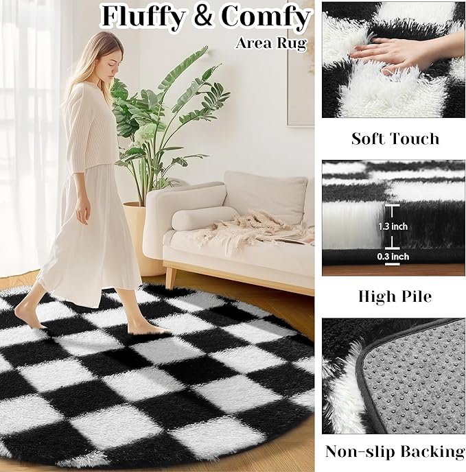 KICMOR Round Rugs 5ft for Bedroom Living Room, Black and White Fluffy Soft Circle Area Rug Fuzzy Shag Shaggy Plush Carpet, Indoor Checkered Circular Rug for Kids Room Nursery Home Decor Aesthetic
