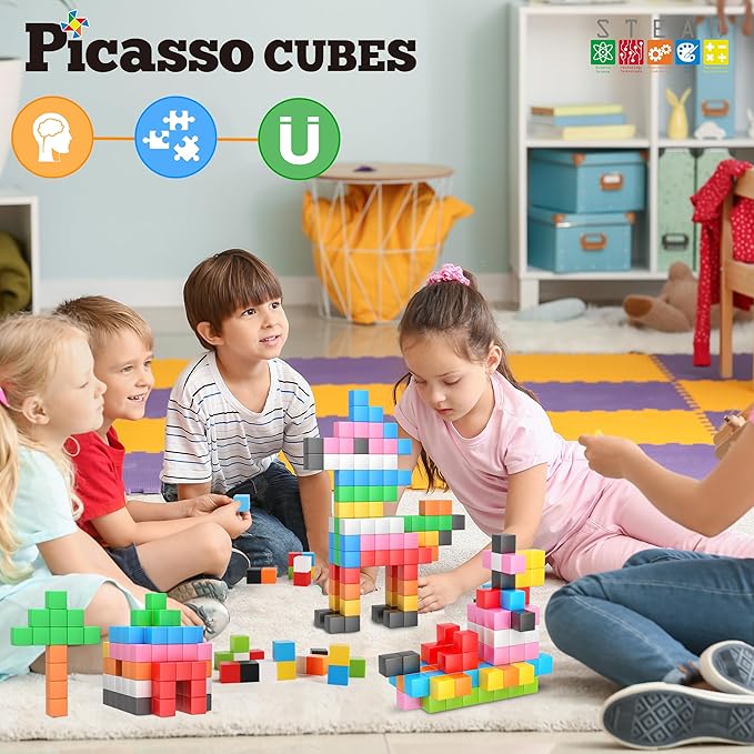PicassoTiles Magnet Cube Building Blocks 108 Pieces 1.2" 3CM Magnetic Cubes Toy Construction Building Educational Sensory Toys with Idea Booklet for School & Preschool Kids Boys Girls Toddlers PMC303