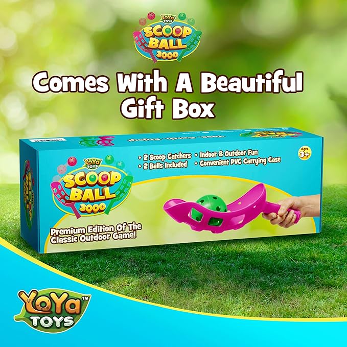 YoYa Toys Scoop Ball Set - Toss & Catch Game for Kids - Outdoor Fun, Beach Toys - Ideal for Field Day, Summer Activities, PE Equipment, Backyards, Parks, Camping - Includes 2 Scoops, 2 Balls, PVC Case