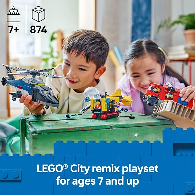 LEGO City Helicopter, Fire Truck & Submarine Remix Kids Toy - 3 Building Toys in 1 for Boys and Girls, Ages 7+ - Gift Idea for Birthdays and Holidays - with 3 Minifigures - 60462