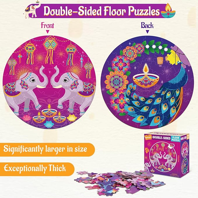 Rangoli Diwali Puzzle for Kids 70 Pieces Double Sided Large Mandala Floor Puzzle 22", Indian Holiday Decorations Gifts for Kids 3+ Party Favors