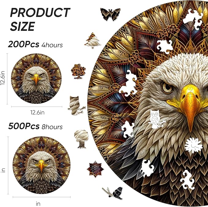 Bald Eagle Wooden Puzzle for Adults, Mandala Wooden Jigsaw Puzzles, Inspiring Puzzle, Beautiful Wooden Puzzle with Box Birthday Gifts for Adults and Kids Family Game(12.6 * 12.6in-300pcs)