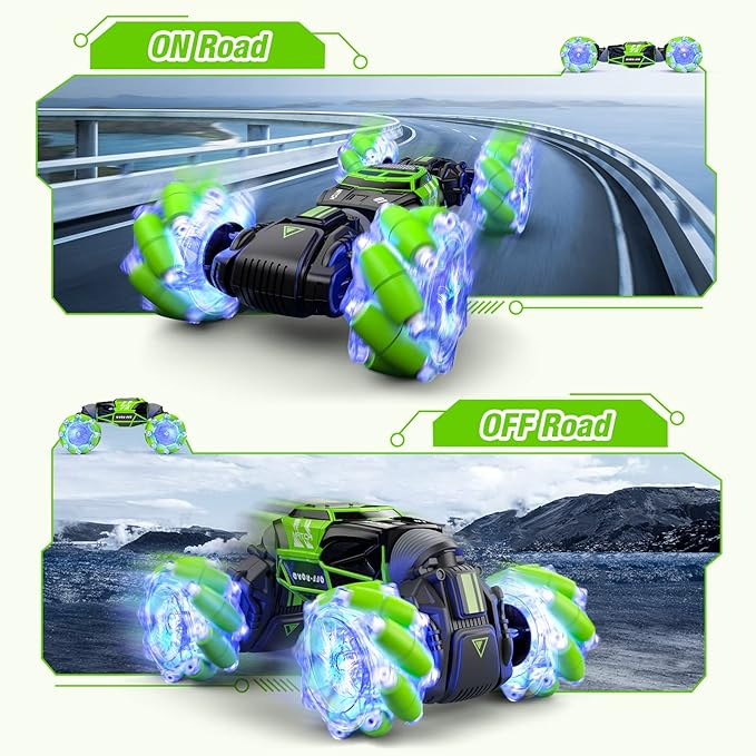 Powerextra LED Gesture Rc Car, 4WD Transform Remote Control Gesture Sensing Car, Double Sided 360° Rotating Off Road Stunt Car with Lights, Toy Car for 6-12 Year Old Boys & Girls